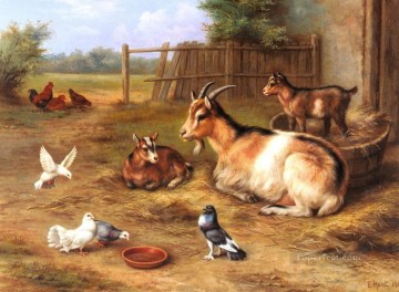 Une cour de ferme Scène avec des chèvres Poules Les tourterelles Ferme animaux Edgar Hunt Peinture à l'huile